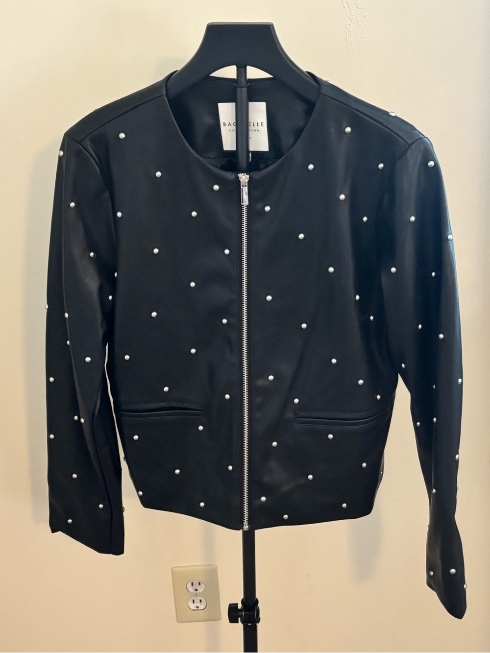 bagatelle Black Faux-Leather Bomber Jacket with silver Studs